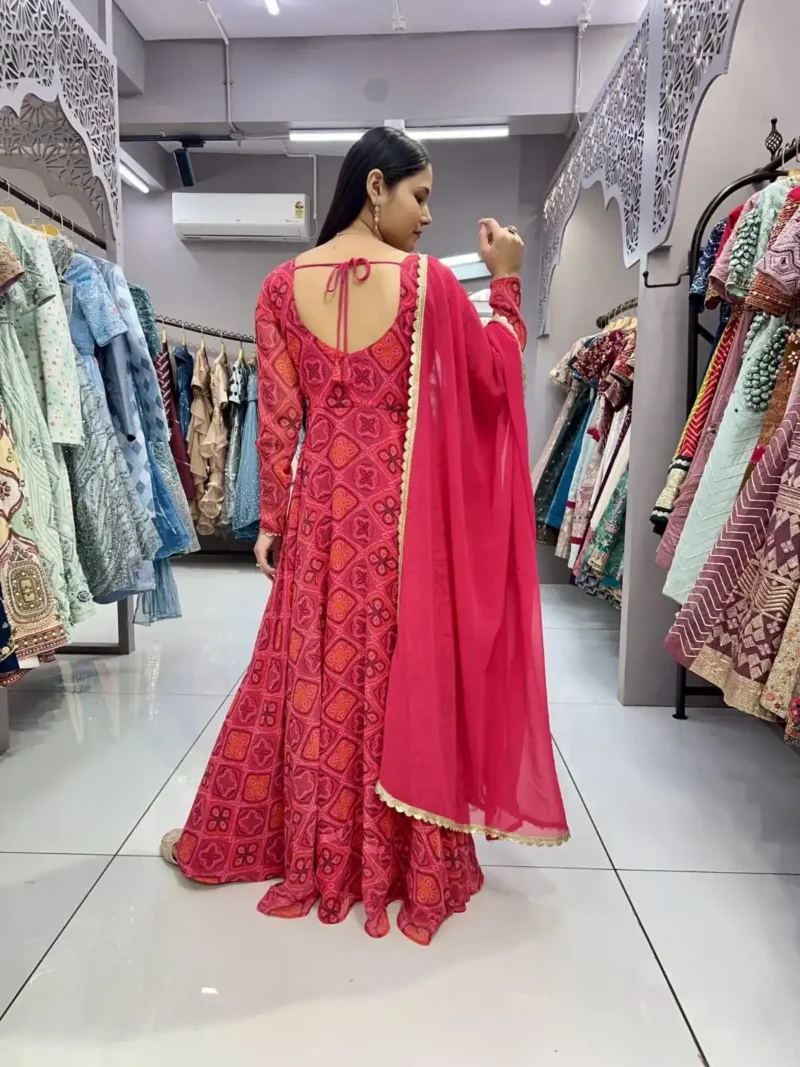 Georgette Heavy Digital Printed Designer Rani Color Bandhani Gown