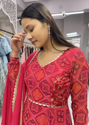 Georgette Heavy Digital Printed Designer Rani Color Bandhani Gown