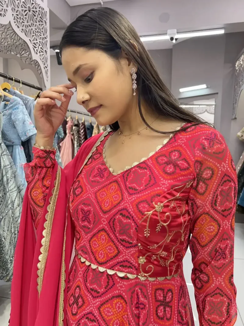 Georgette Heavy Digital Printed Designer Rani Color Bandhani Gown