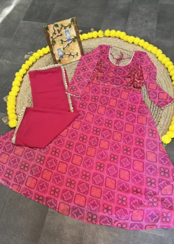 Georgette Heavy Digital Printed Designer Rani Color Bandhani Gown