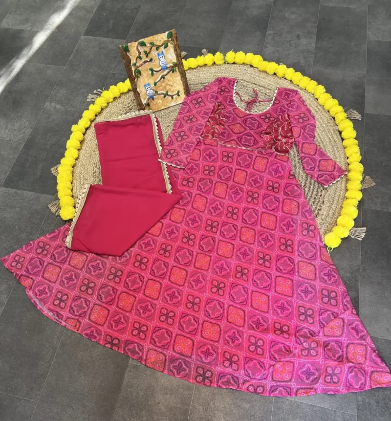 Georgette Heavy Digital Printed Designer Rani Color Bandhani Gown