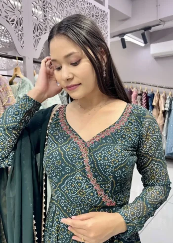 Georgette Sequence Moti Hand Work Digital Printed Green Bandhani Gown