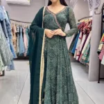 Georgette Sequence Moti Hand Work Digital Printed Green Bandhani Gown