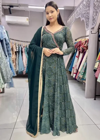 Georgette Sequence Moti Hand Work Digital Printed Green Bandhani Gown