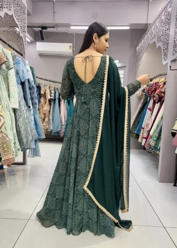 Georgette Sequence Moti Hand Work Digital Printed Green Bandhani Gown