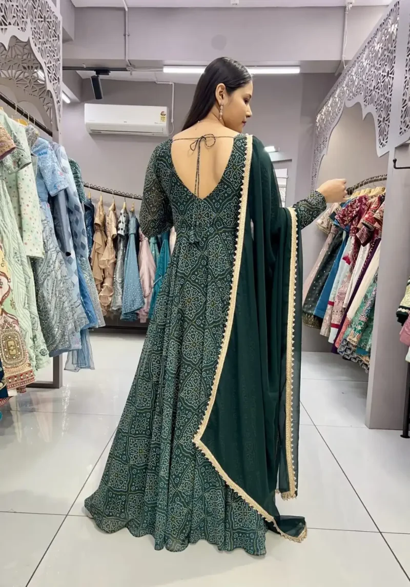 Georgette Sequence Moti Hand Work Digital Printed Green Bandhani Gown