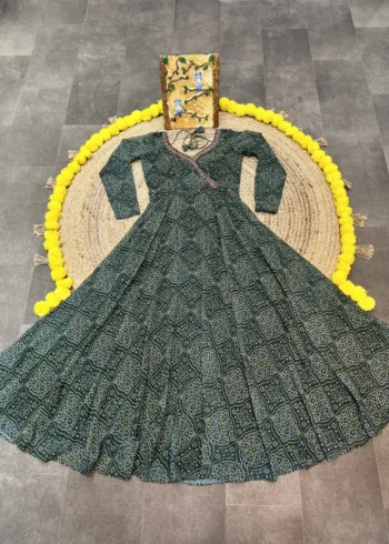 Georgette Sequence Moti Hand Work Digital Printed Green Bandhani Gown