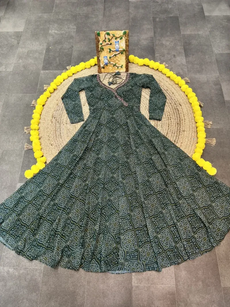 Georgette Sequence Moti Hand Work Digital Printed Green Bandhani Gown