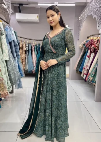 Georgette Sequence Moti Hand Work Digital Printed Green Bandhani Gown