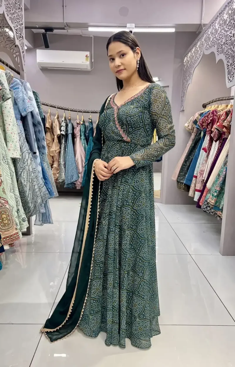 Georgette Sequence Moti Hand Work Digital Printed Green Bandhani Gown