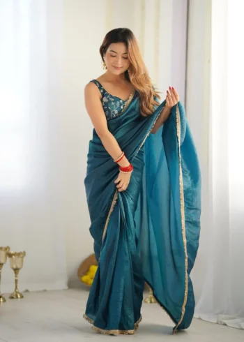 gold crush tissue silk prestitched party wear saree