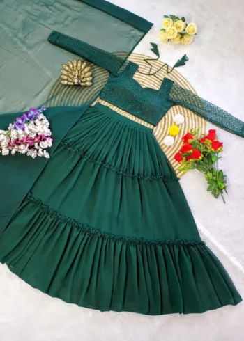 Green Premium Georgette Silk Designer Frill Work Partywear Lehenga