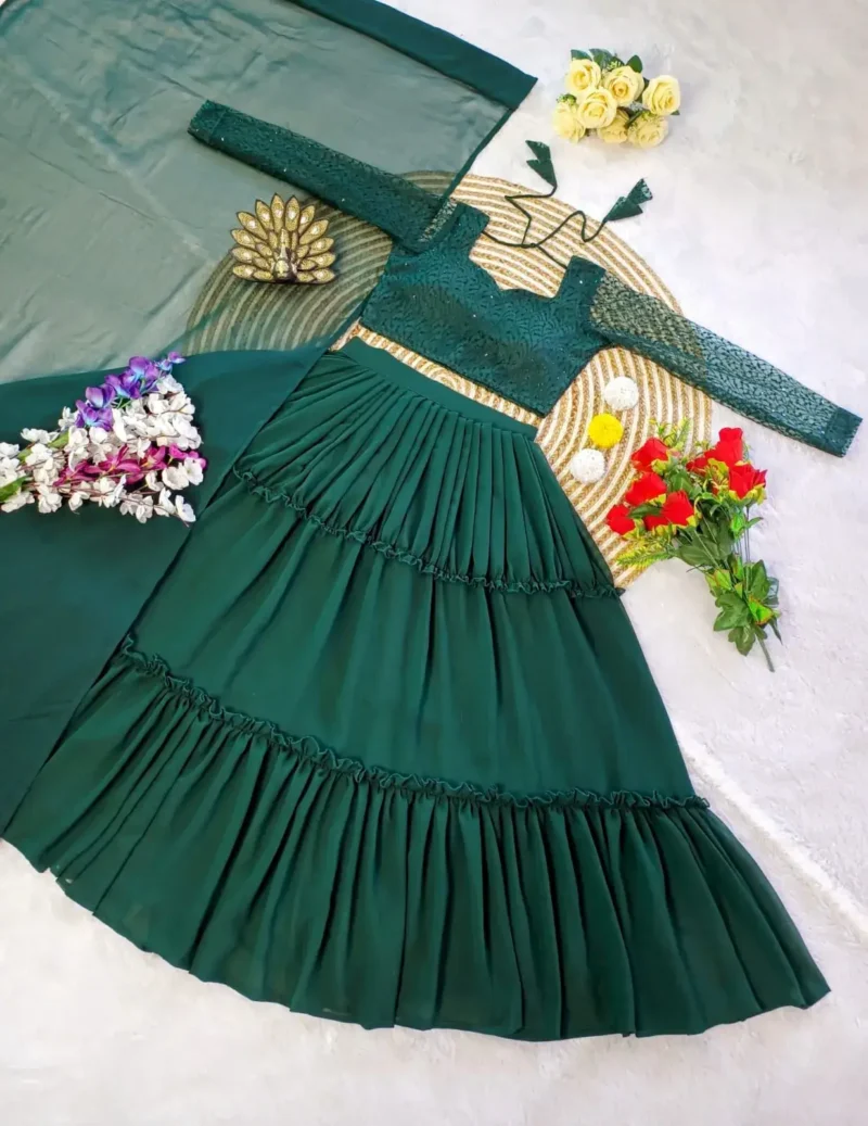 Green Premium Georgette Silk Designer Frill Work Partywear Lehenga