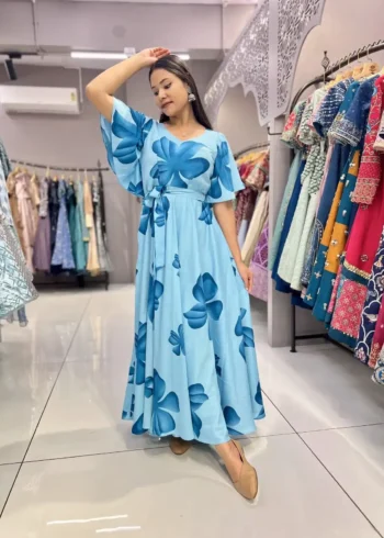 Heavy Chinon Umbrella Flair Sleeves Sky Blue Flower Printed Gown