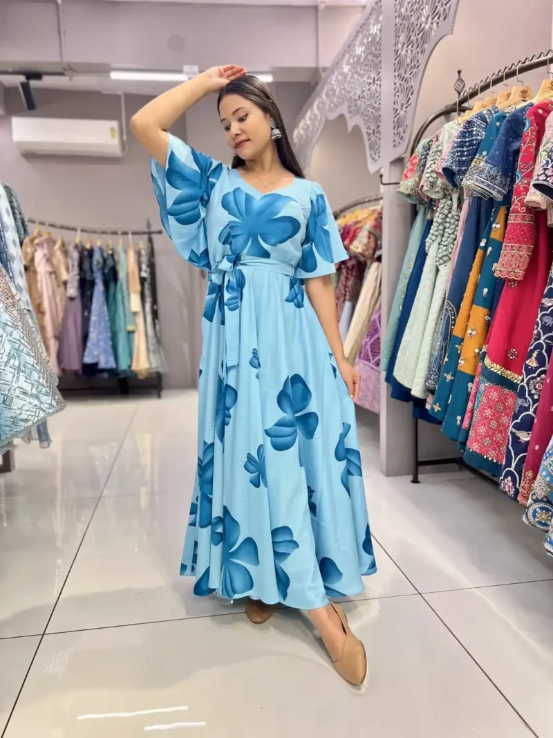 Heavy Chinon Umbrella Flair Sleeves Sky Blue Flower Printed Gown