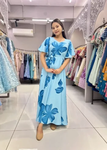 Heavy Chinon Umbrella Flair Sleeves Sky Blue Flower Printed Gown
