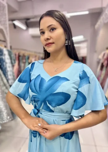 Heavy Chinon Umbrella Flair Sleeves Sky Blue Flower Printed Gown