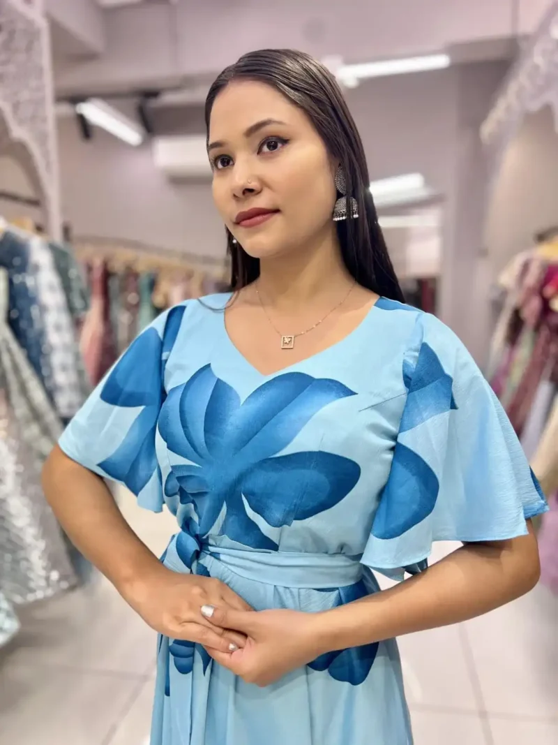 Heavy Chinon Umbrella Flair Sleeves Sky Blue Flower Printed Gown