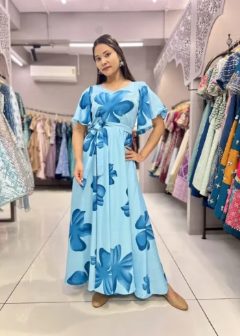 Heavy Chinon Umbrella Flair Sleeves Sky Blue Flower Printed Gown