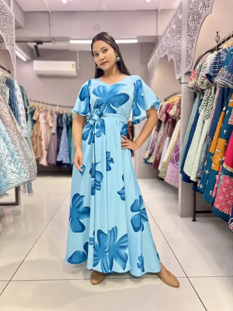 Heavy Chinon Umbrella Flair Sleeves Sky Blue Flower Printed Gown