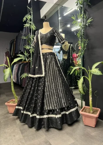 Heavy Embroidery Sequence Ready Lace Work Georgette Shiny Party Wear Lehenga