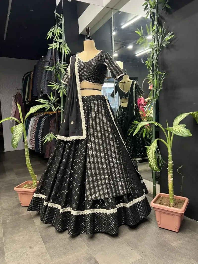 Heavy Embroidery Sequence Ready Lace Work Georgette Shiny Party Wear Lehenga