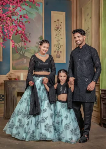 Heavy Embroidery Sequence Work Family Combo With Women Daughter Lehenga and Mens Kurta