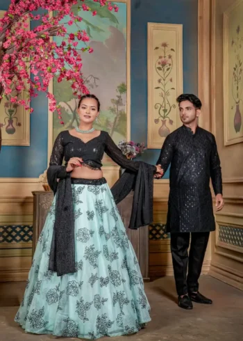 Heavy Embroidery Sequence Work Family Combo With Women Daughter Lehenga and Mens Kurta