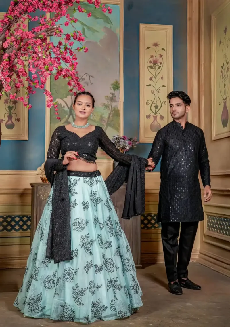 Heavy Embroidery Sequence Work Family Combo With Women Daughter Lehenga and Mens Kurta