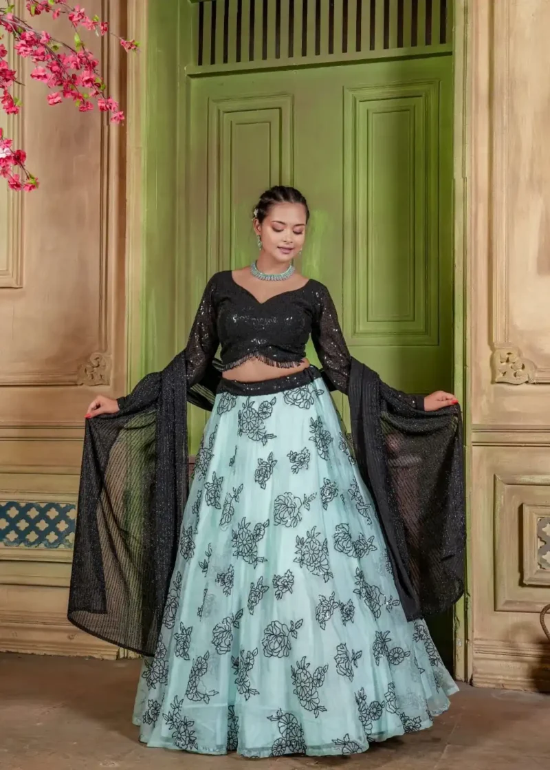 Heavy Embroidery Sequence Work Family Combo With Women Daughter Lehenga and Mens Kurta
