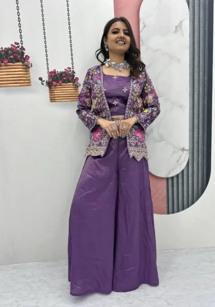 Heavy Embroidery Sequence Work Indowestern Palazzo With Shrug