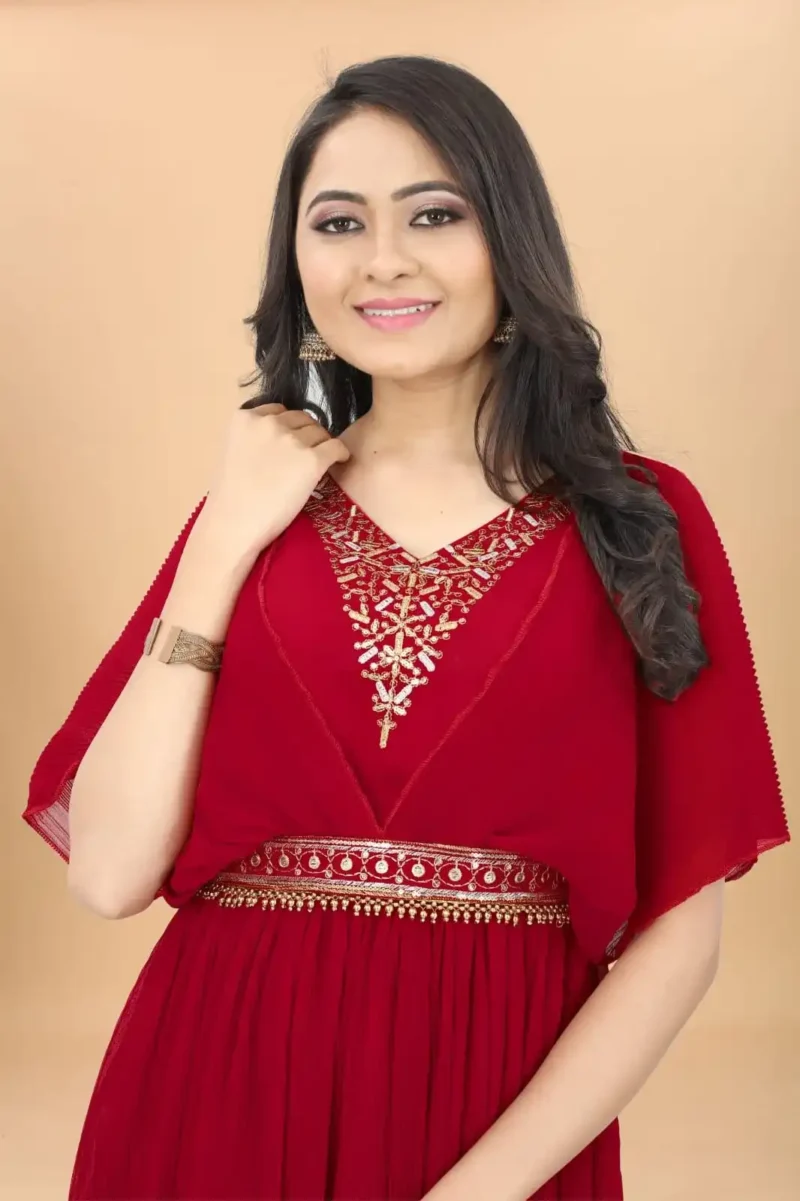 Heavy Embroidery Zari Sequence Work Georgette Strappy Pleated Flared Gown