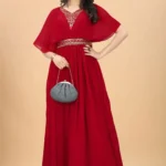 Heavy Embroidery Zari Sequence Work Georgette Strappy Pleated Flared Gown