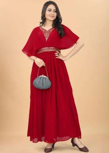 Heavy Embroidery Zari Sequence Work Georgette Strappy Pleated Flared Gown