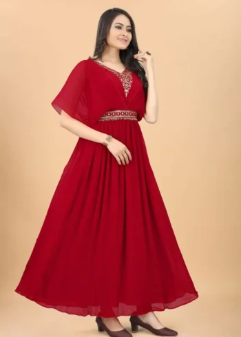 Heavy Embroidery Zari Sequence Work Georgette Strappy Pleated Flared Gown