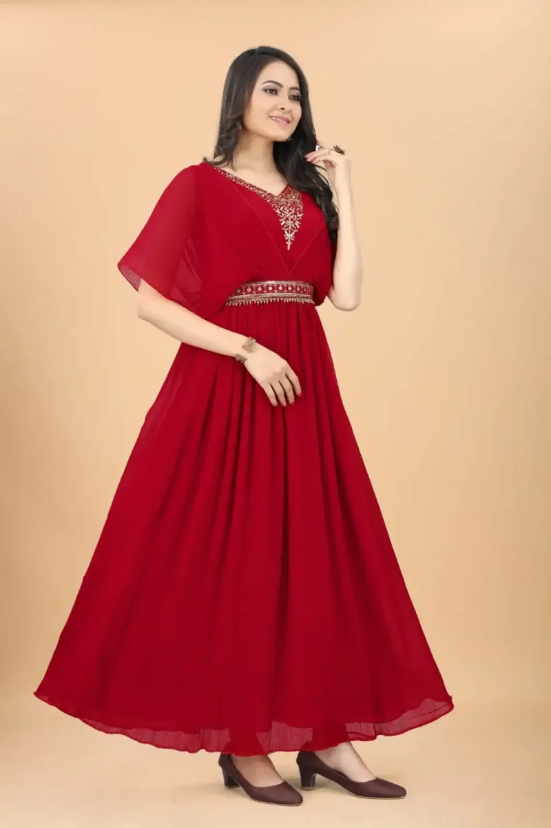 Heavy Embroidery Zari Sequence Work Georgette Strappy Pleated Flared Gown