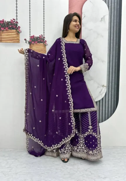 Purple Color Heavy Sequence Embroidery Work Top and Palazzo Suit