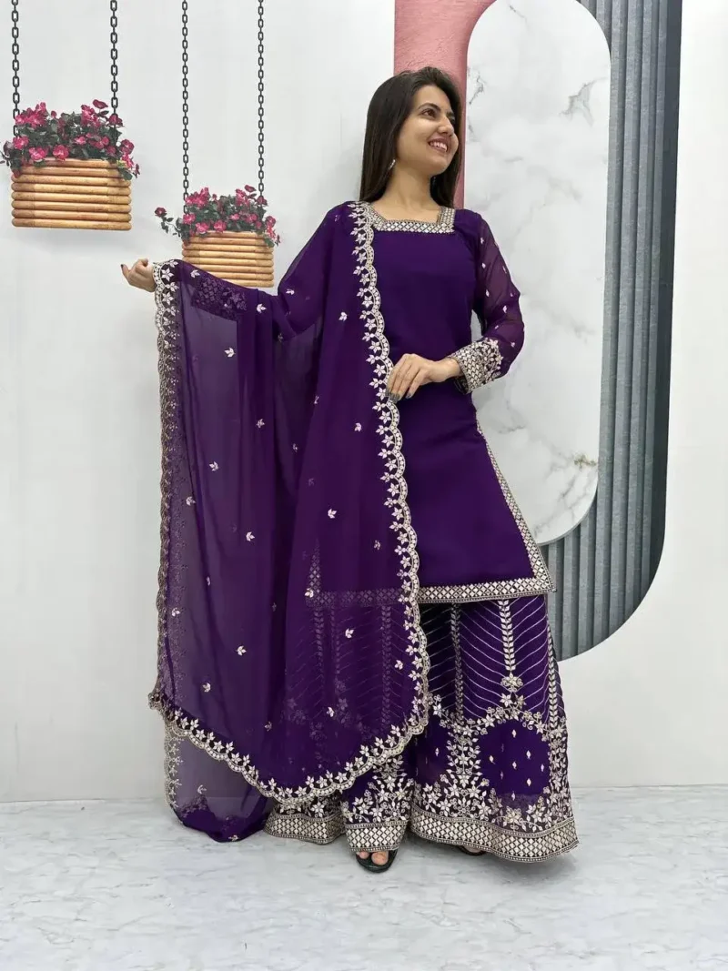 Purple Color Heavy Sequence Embroidery Work Top and Palazzo Suit