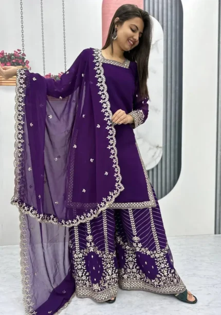 Purple Color Heavy Sequence Embroidery Work Top and Palazzo Suit