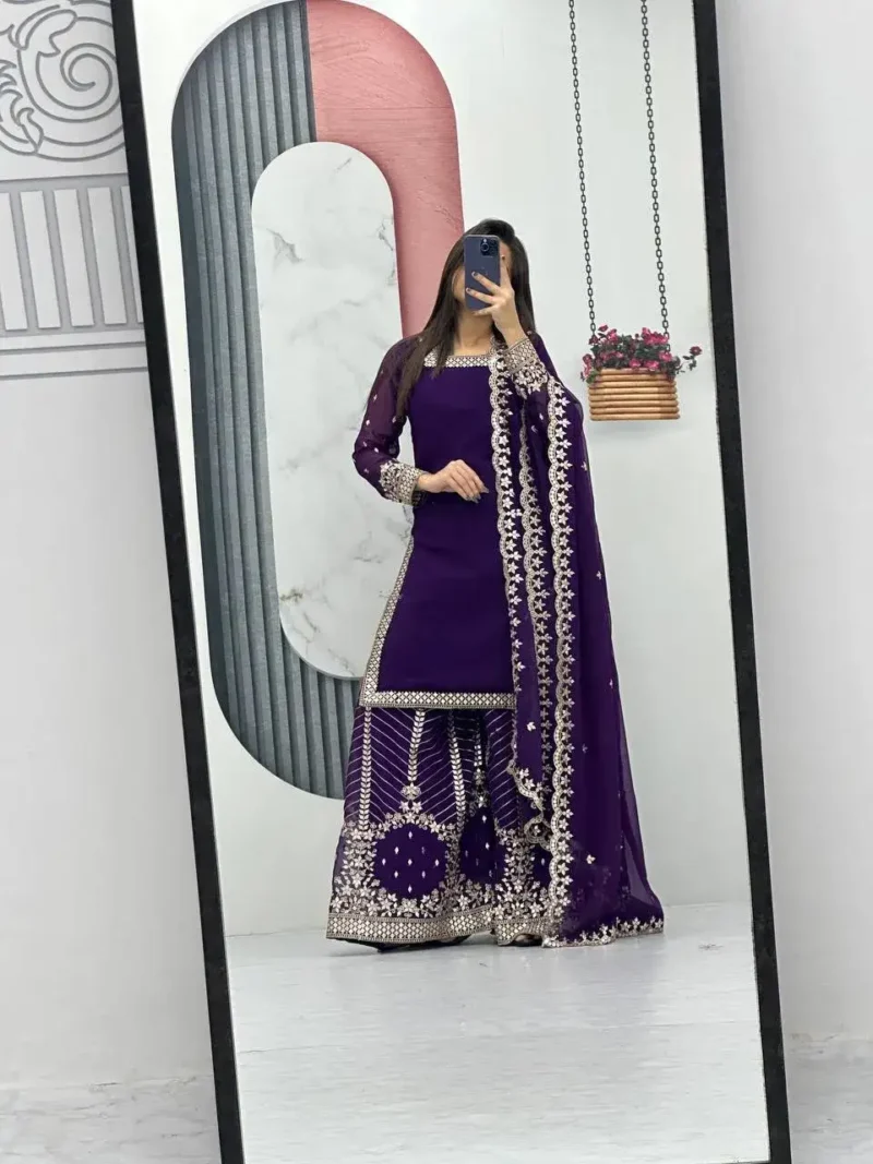 Purple Color Heavy Sequence Embroidery Work Top and Palazzo Suit