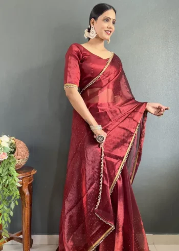 Hot Red Swarovski Work Ready to Wear Saree
