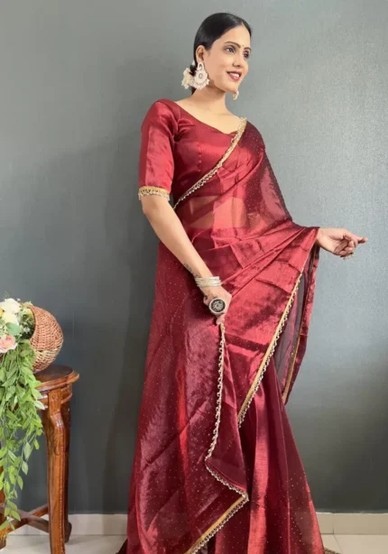 Hot Red Swarovski Work Ready to Wear Saree