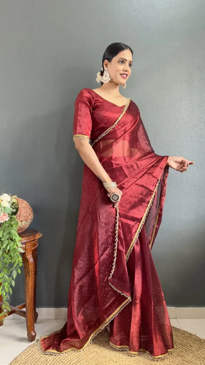 Hot Red Swarovski Work Ready to Wear Saree