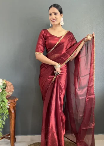 Hot Red Swarovski Work Ready to Wear Saree
