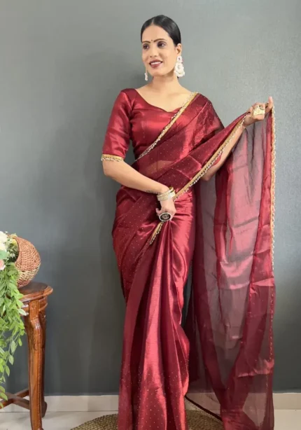 Hot Red Swarovski Work Ready to Wear Saree