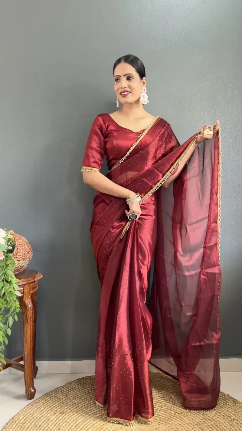 Hot Red Swarovski Work Ready to Wear Saree