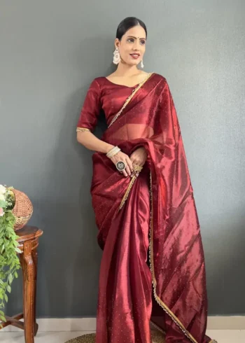 Hot Red Swarovski Work Ready to Wear Saree