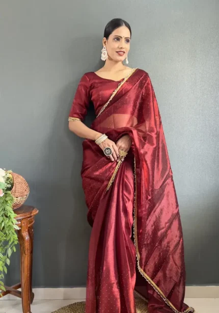 Hot Red Swarovski Work Ready to Wear Saree