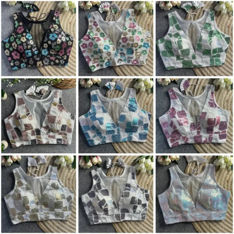 Imported Net Sequence Work Fancy Western Deep Neck Design Partywear Blouse