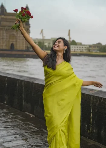 Lime Yellow Pearl Hand Work Smooth Crepe Silk Saree With Cut Work Border